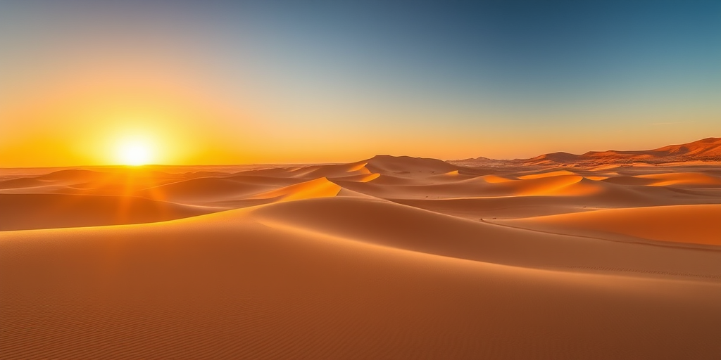 desert landscape with rolling sand dunes at sunset, soft golden light casting long shadows, high dynamic range, ISO 100, f/8 aperture, 1/250 sec shutter speed, shot with a DSLR camera, 50mm lens, wide-angle view