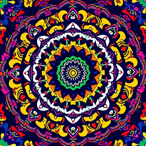 Create a vibrant, intricate mandala pattern featuring colorful circular designs and floral motifs with a macro lens, f/2.8 aperture, 1/60s shutter speed, 100 ISO, taken from a bird's-eye view in natural light with a DSLR camera for enhanced detail and depth.