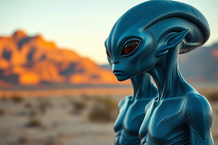 Generate an image of two alien beings standing in a desert landscape with mountains in the background, using a Canon EOS R5 with a 24-70mm lens, f/2.8 aperture, ISO 200, shot during golden hour for warm lighting, focusing on capturing intricate details of their blue skin and attire.