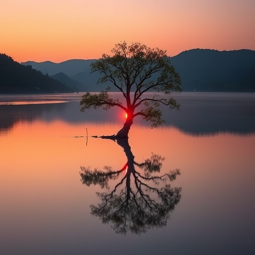 A serene sunset scene featuring a solitary tree with a luminous halo, reflected in a tranquil body of water surrounded by gentle hills, captured with a Nikon D850, 50mm lens, f/1.8, ISO 100, at dusk with soft focus and high dynamic range.