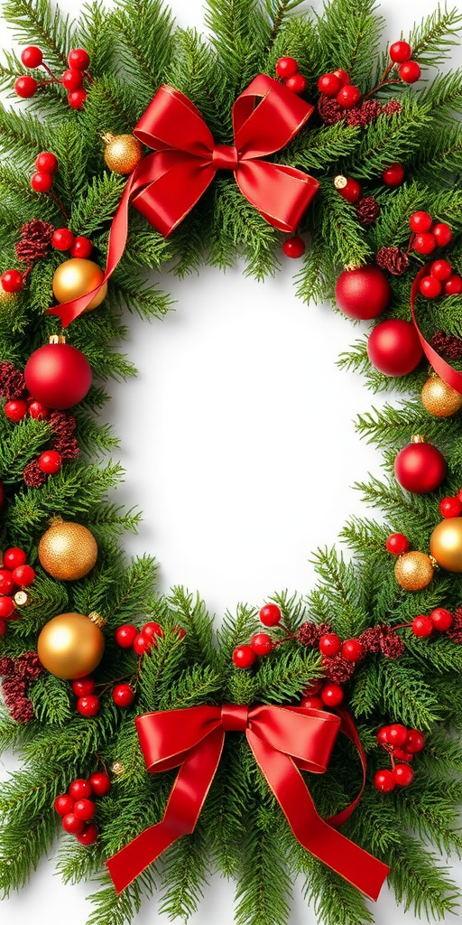 Create a festive holiday wreath with a variety of evergreen branches. Include red and gold ornaments, ribbons, and a central empty space for a message or photo. Ensure the composition is vibrant and conveys a warm, joyful atmosphere.