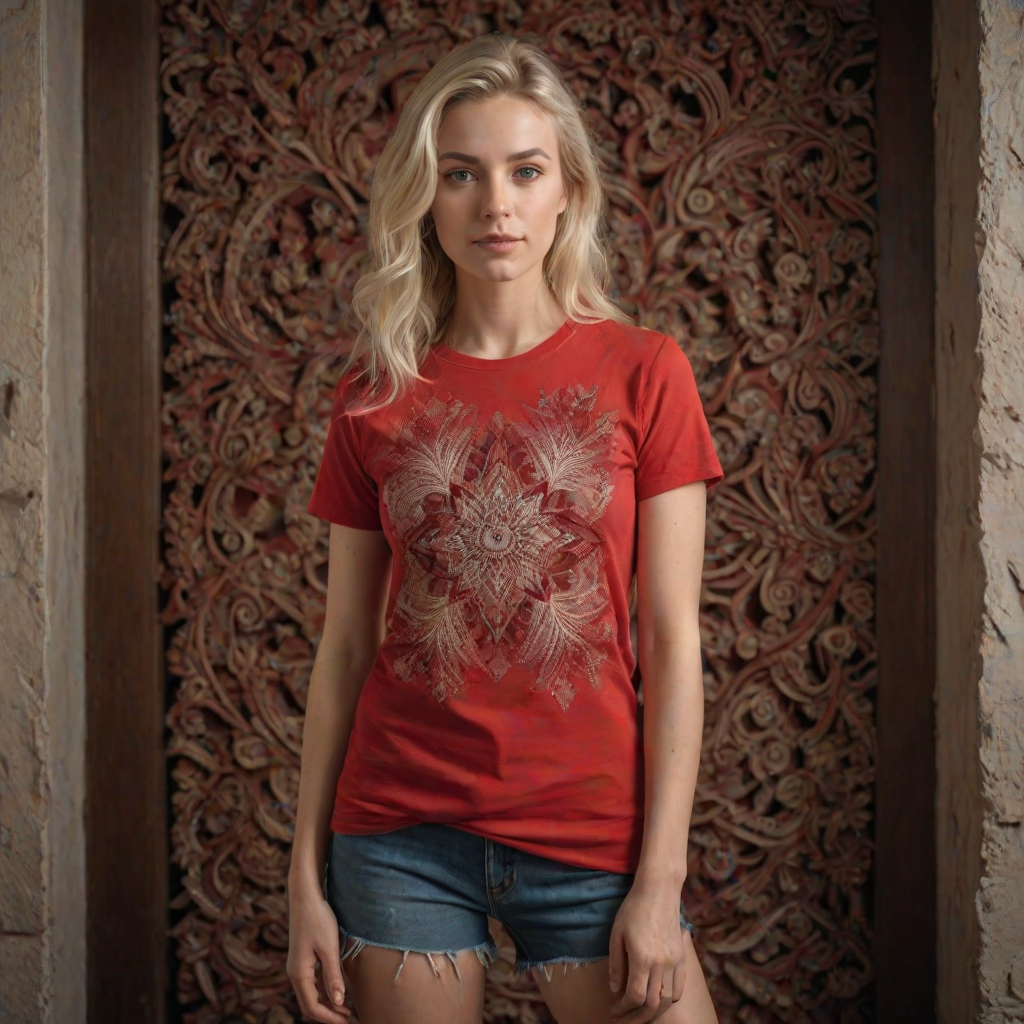 RAW photo, a candid full body portrait of a beautiful blonde woman wearing a (red shirt) printed with fractal art, 8k uhd, dslr, soft lighting, high quality, film grain, Fujifilm XT3