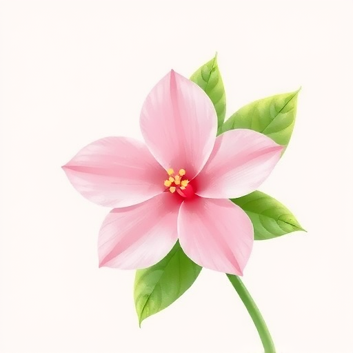 Create a high-resolution illustration of a stylized flower with soft pink petals and green leaves, using a macro lens effect, ISO 100, aperture f/2.8, and a 50mm lens to achieve a crisp, vibrant aesthetic against a plain background.