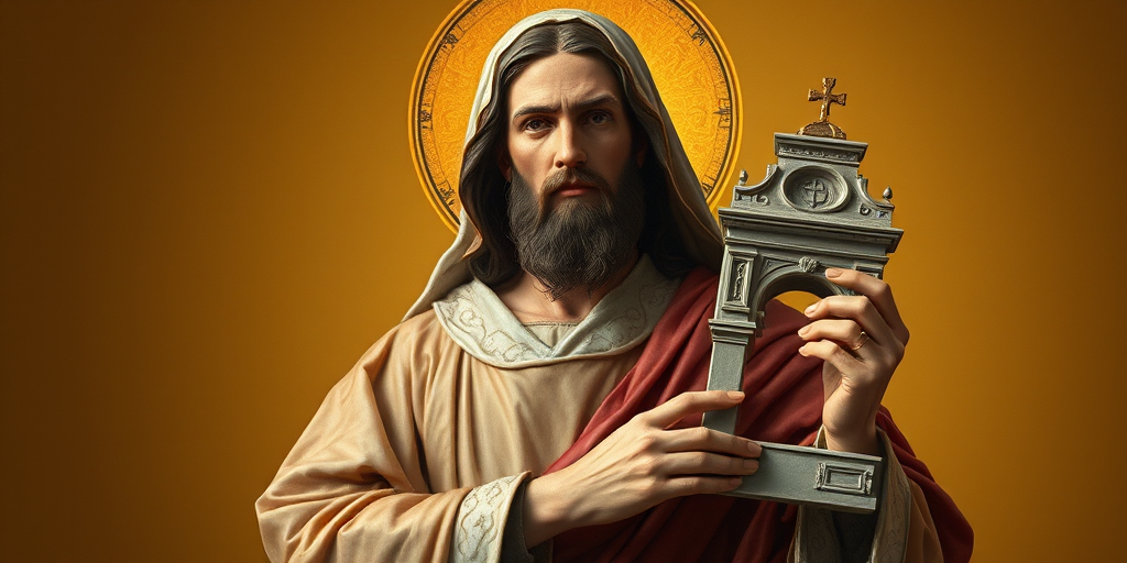 Regenerate an image of a biblical figure resembling a saint, showcasing detailed clothing with intricate folds, a serene expression, holding an architectural structure, with a soft golden background; use a DSLR camera, aperture f/2.8, ISO 100, 50mm lens, center composition, natural lighting, and high-resolution output to enhance the image quality.