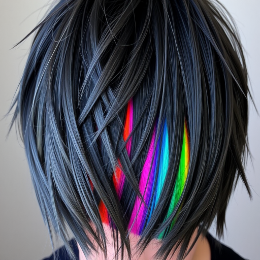 Vibrant rainbow underlights peeking through a dark charcoal gray shag cut, creating a playful yet edgy aesthetic called Prism Shadow