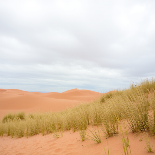 desert landscape with sandy dunes, overcast sky, focus on textures of sand and grass, taken with a DSLR camera, 35mm lens, aperture f/11, ISO 200, 1/200 sec shutter speed, wide-angle view for depth and detail