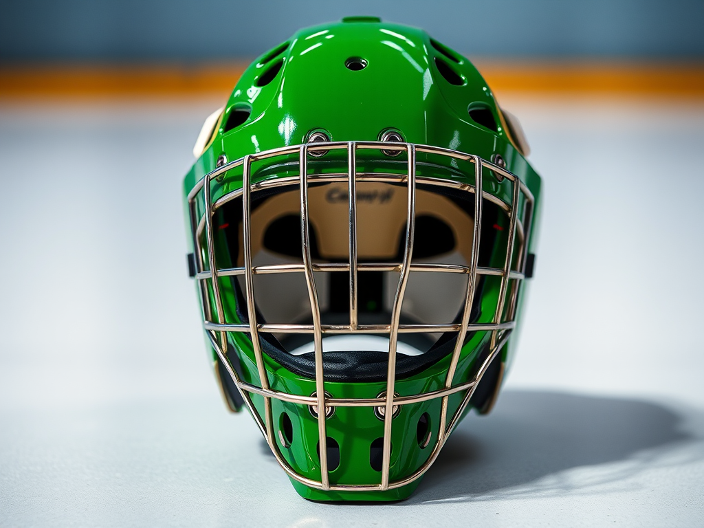 Create a high-resolution image of a green hockey goalie mask with a silver cage, shot with a Canon EOS 5D Mark IV at f/4, ISO 100, 1/125 sec, with a frontal view and a bright background.