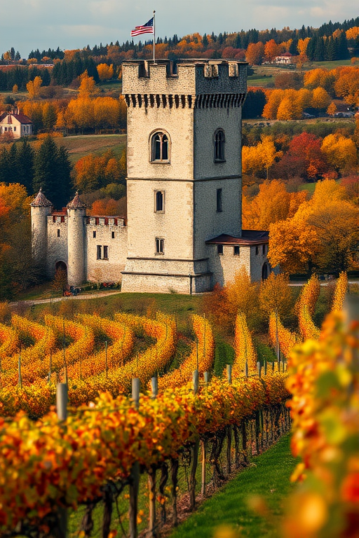 Capture a high-resolution image of a medieval castle tower surrounded by vibrant vineyards during autumn, using a Canon EOS R5 with a 24-70mm f/2.8 lens, aperture set to f/11, ISO 100, and a resolution of 45 megapixels, from a slightly elevated perspective to emphasize the landscape and architecture.