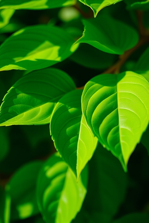 Close-up of vibrant green leaves with soft natural lighting, captured with a Canon EOS 5D Mark IV, f/4 aperture, ISO 200, 50mm lens, shallow depth of field for a blurred background.