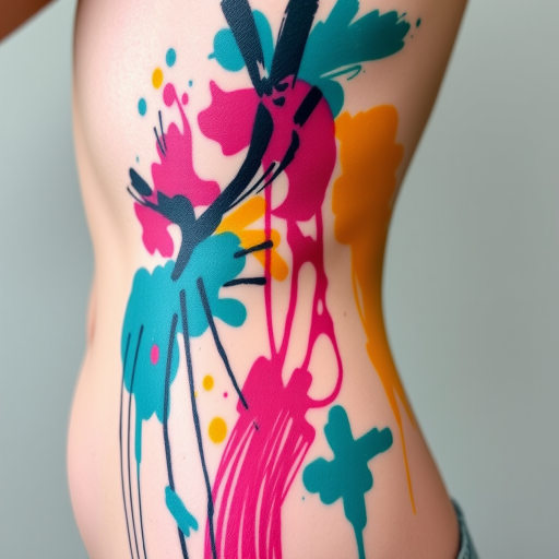 Abstract expressionist tattoo covering the side torso, showcasing chaotic brushstrokes and paint drips in a vibrant palette of teal, magenta, and yellow