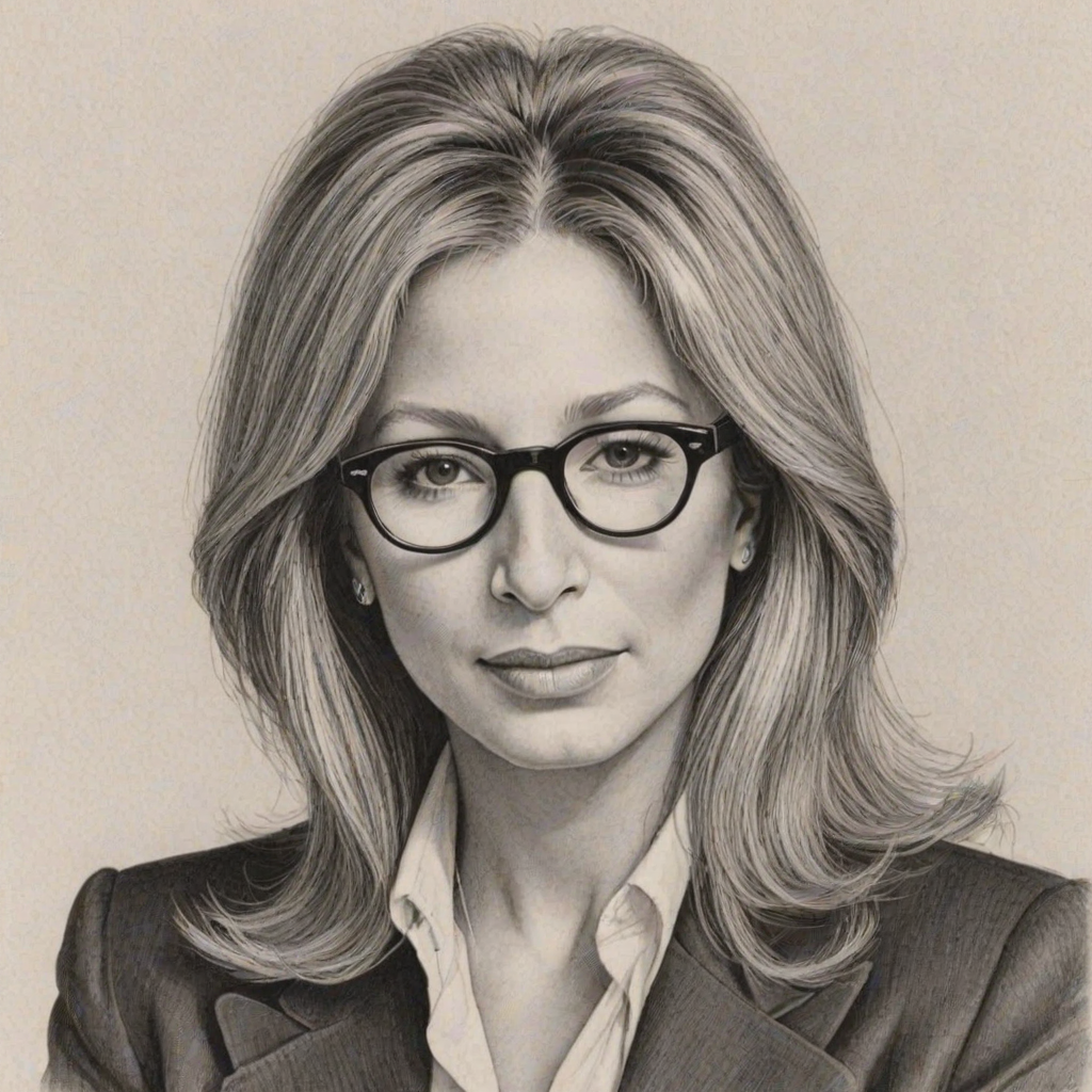 Fascinating Barbra Streisand, pencil sketch, portrait of Appealing woman 1980s in glasses, hair style beatnik, outline, clear lines, fine lines, 8k