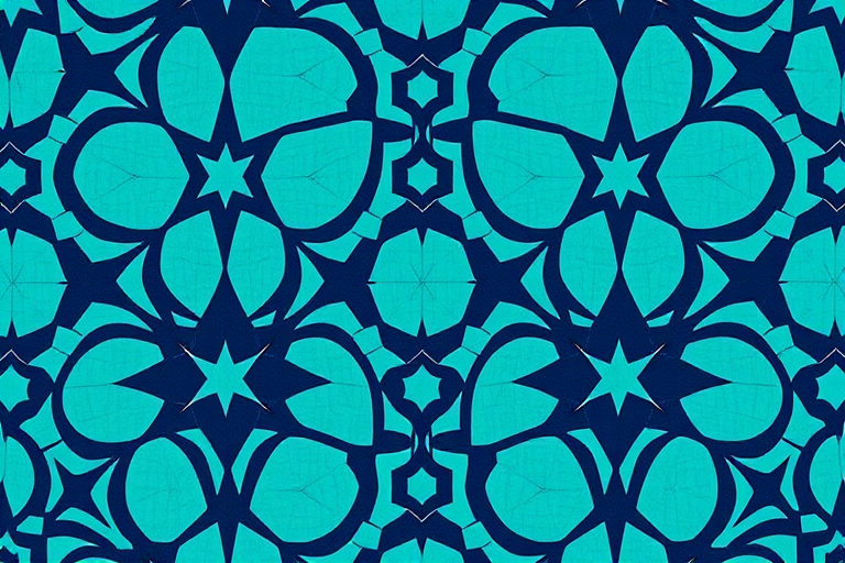 Regenerate the image with a vibrant geometric pattern in shades of teal and navy, featuring interlocking shapes and fine details, captured with a Canon EOS R5 at f/8, ISO 100, 50mm lens, overhead view in natural light to enhance clarity and contrast.