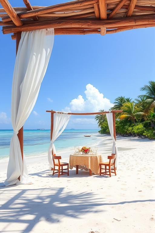 Create a picturesque tropical beach scene featuring a serene, white sandy shore. In the foreground, there's a rustic wooden canopy with white drapes gently flowing in the breeze. Underneath the canopy, a table is set with tropical decor, evoking a sense of relaxation and leisure. The beach extends into a calm, shallow water area with reflections of the sky and surroundings. Palm trees and lush greenery line the edge of the beach, providing a natural, tropical backdrop. The sky is clear with a few scattered clouds, and the overall atmosphere is tranquil and inviting, perfect for a peaceful retreat.
