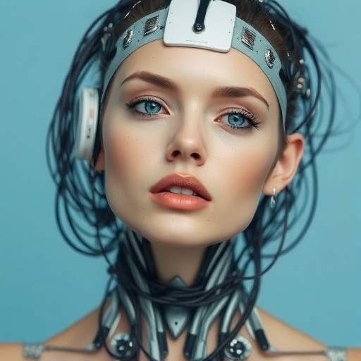Create a highly detailed portrait of a woman with a futuristic cyborg appearance, featuring intricate wiring and circuits integrated into her head and neck, with a soft blue background, using a DSLR camera at f/2.8, ISO 100, 50mm lens, in natural lighting to enhance clarity and textures.