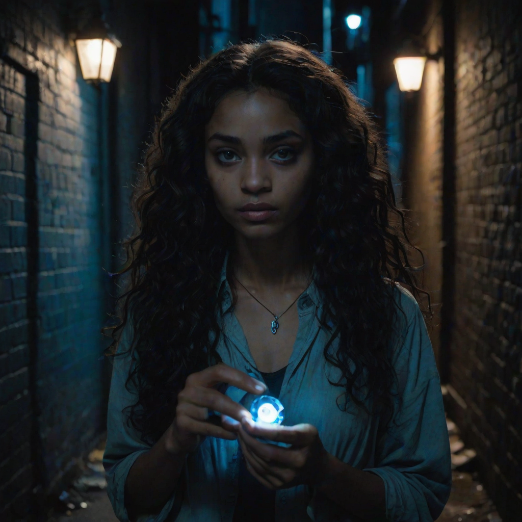 A young woman with deep brown skin and long, curly black hair stands in a dimly lit alley, her eyes wide with fear. She clutches a small, glowing amulet in her hand. A tall, pale man with sharp features and piercing blue eyes looms over her, his expression cold and calculating. The scene is bathed in a cold blue light from a nearby streetlamp, casting long, ominous shadows. The background is gritty and urban, with graffiti-covered walls and discarded trash. The style is reminiscent of Christopher Nolan's dark, moody cinematography, with high contrast and a blue tint. Film grain adds to the gritty, realistic texture.