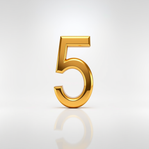 Create a high-resolution image of a large, glossy gold number 5 with reflections and highlights on a white background, shot with a DSLR camera at f/2.8, 50mm lens, in a well-lit studio setting.