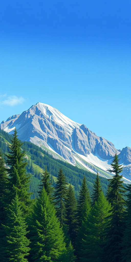 Create a detailed illustration of a serene mountain landscape with a clear blue sky and vibrant green trees in the foreground, utilizing a DSLR camera with a 35mm lens, aperture set to f/8, shutter speed 1/250 sec, ISO 100, capturing a wide-angle view for enhanced depth and clarity.