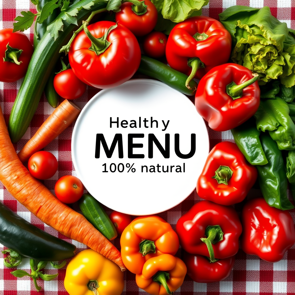 Create an overhead shot of a colorful arrangement of fresh vegetables including tomatoes, cucumbers, a carrot, and an assortment of peppers on a checkered tablecloth, with a blank white plate in the center displaying the text "Healthy Food MENU 100% natural"; use a 50mm lens, f/2.8 aperture, ISO 100, and natural lighting for a vibrant and inviting aesthetic.