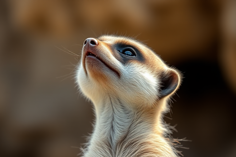 Capture a close-up shot of a meerkat looking up with a shallow depth of field, using a Canon EOS R5, 85mm lens, f/1.8 aperture, ISO 200, natural light, and a slightly blurred background to enhance focus on the subject.