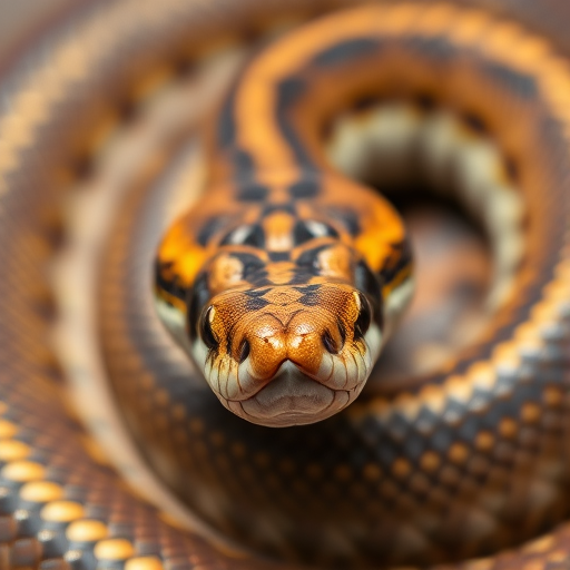 Capture a close-up image of a coiled snake with intricate scale details, using a DSLR camera at f/4, ISO 100, 1/200s shutter speed, 50mm lens, natural lighting, shallow depth of field, and focus on the head for clarity.