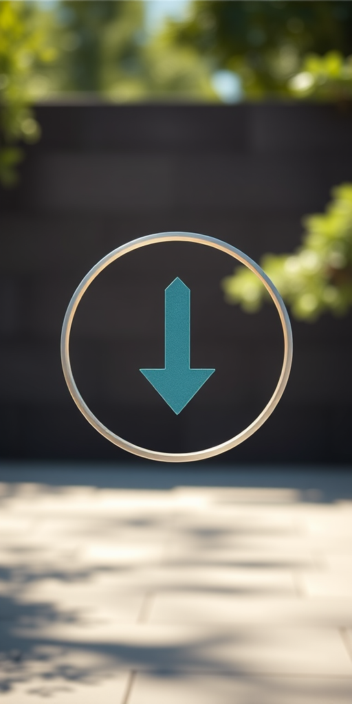 Create an image of a downward arrow inside a circular border, using a Canon EOS R5 camera, 50mm focal length, f/2.8 aperture, 1/125 shutter speed, and soft natural lighting to enhance clarity and detail.