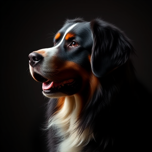 Regenerate an image of a Bernese Mountain Dog in profile, using a DSLR camera with a 85mm lens, aperture f/1.8, ISO 100, low light setting, soft focus background, portrait orientation.