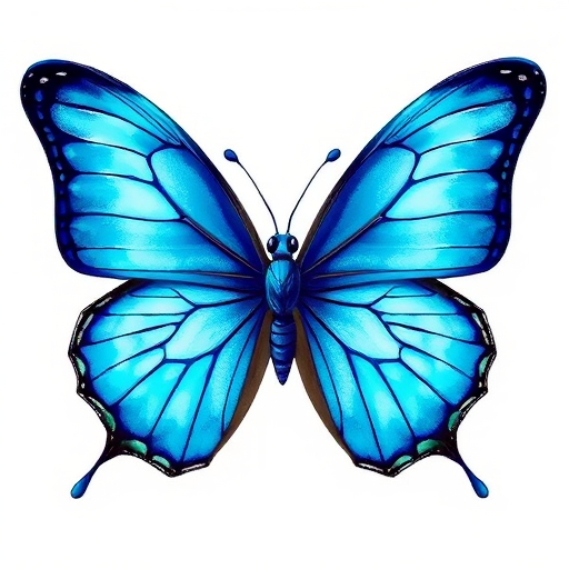 Create a vibrant and detailed illustration of a blue butterfly with intricate wing patterns, showcasing shades of blue and hints of iridescence. The butterfly should be depicted in a graceful pose, with its wings spread wide against a plain white background to emphasize its beauty.