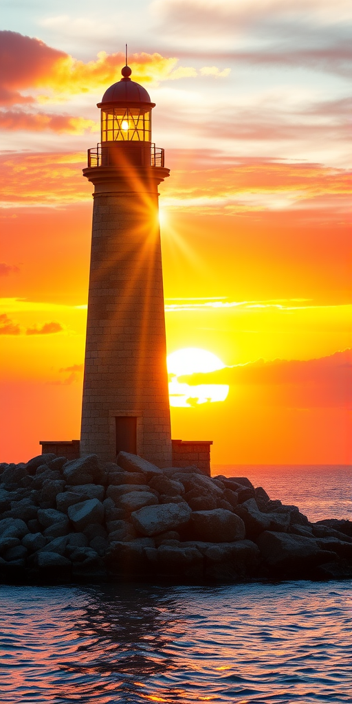 Generate an image of a tall lighthouse perched on a rocky outcrop surrounded by calm ocean waters during a breathtaking sunset. The lighthouse stands sturdy and weathered, its stone surface illuminated by the warm golden light of the setting sun. The sun's rays pass directly through the glass lantern room at the top of the lighthouse, casting a brilliant light across the scene. The sky is painted with vibrant shades of orange, pink, and purple, reflecting off the tranquil sea. The surrounding water shimmers with the same warm hues, creating a serene and majestic atmosphere.