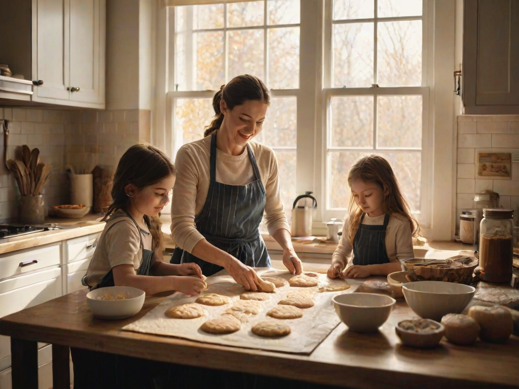Cozy kitchen scene, with a mother baking cookies, her children helping by rolling out dough, the warm scent of vanilla wafting through the air, and sunlight streaming through the window.
