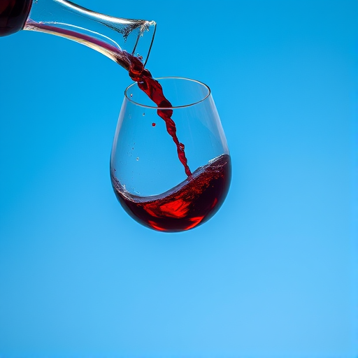 A red wine glass spilling liquid with droplets in mid-air against a bright blue sky background, captured with a Canon EOS 5D Mark IV, 50mm lens, f/1.8 aperture, ISO 100, fast shutter speed for crisp motion, in a shallow depth of field for a soft background blur.