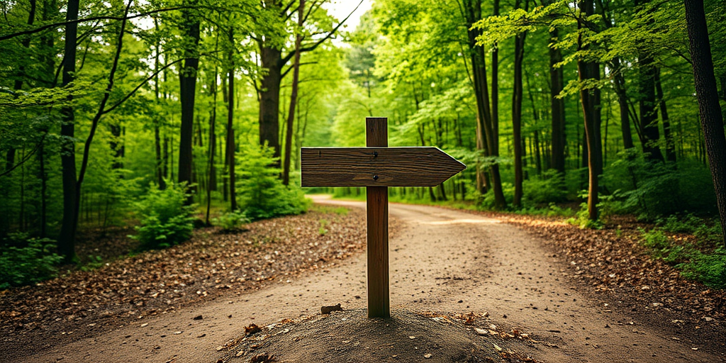 Create an image of a wooden signpost at a fork in a dirt path surrounded by lush green trees in a forest setting, using a DSLR camera with a 50mm lens, aperture set to f/2.8 for a shallow depth of field, ISO 100 for high image clarity, and a soft warm daylight ambiance for enhanced colors and details.