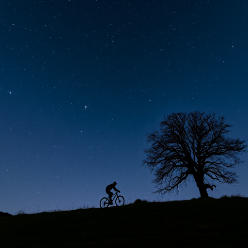 A silhouette of two cyclists riding on a hill against a starry night sky with a large barren tree on one side, captured with a Canon EOS R5, ISO 3200, f/2.8, shutter speed 15 seconds, wide-angle lens, low light photography style.