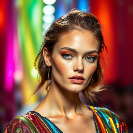 Runway capture, a beautiful model, vibrant colors, metallic textures, high fashion editorial , a 100mm macro lens to get extreme close-ups of intricate details like fabric stitching, accessories, or makeup artistry