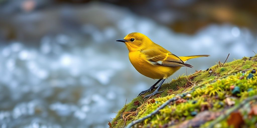 A vibrant yellow bird perched on moss near a flowing stream, captured with a Canon EOS R5, 85mm lens, f/2.8 aperture, ISO 100, in natural light with a shallow depth of field for a soft background blur.