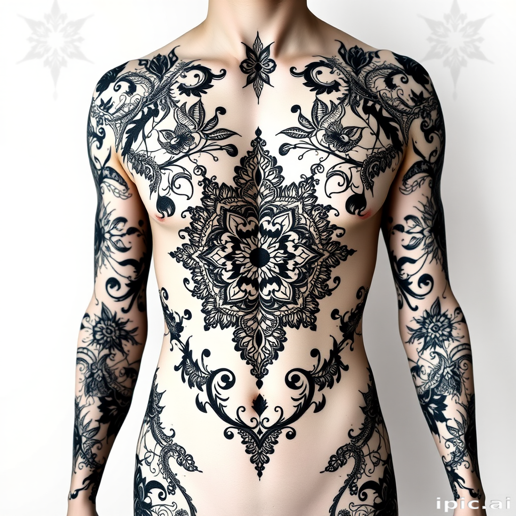 Ornamental blackwork tattoo showcasing intricate lace-like patterns and delicate filigree designs, forming a stunning full-body suit with strategically placed negative space