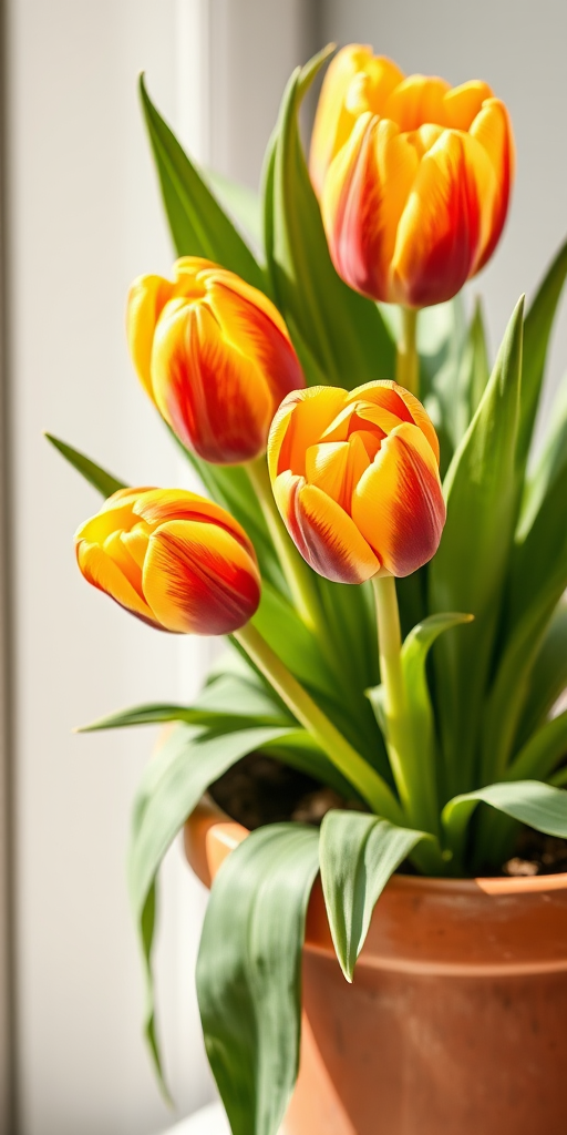 Generate a detailed illustration of a potted tulip plant with multiple blooms and long leaves, using a macro lens, aperture set to f/2.8, 50mm focal length, and natural lighting to enhance colors and texture.