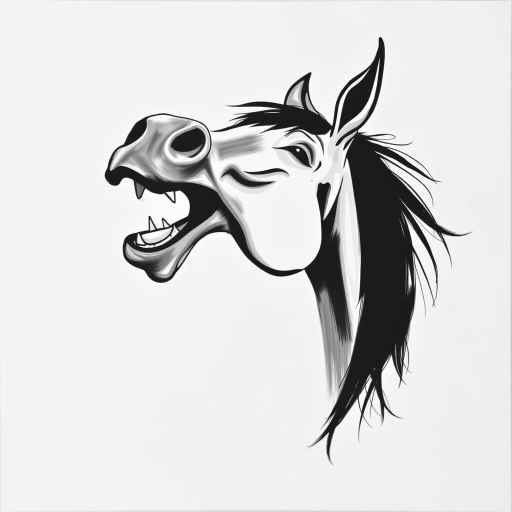 Abstract black and white acrylic portrait of an over exaggerated laughing (horse). Minimalism style. White background.