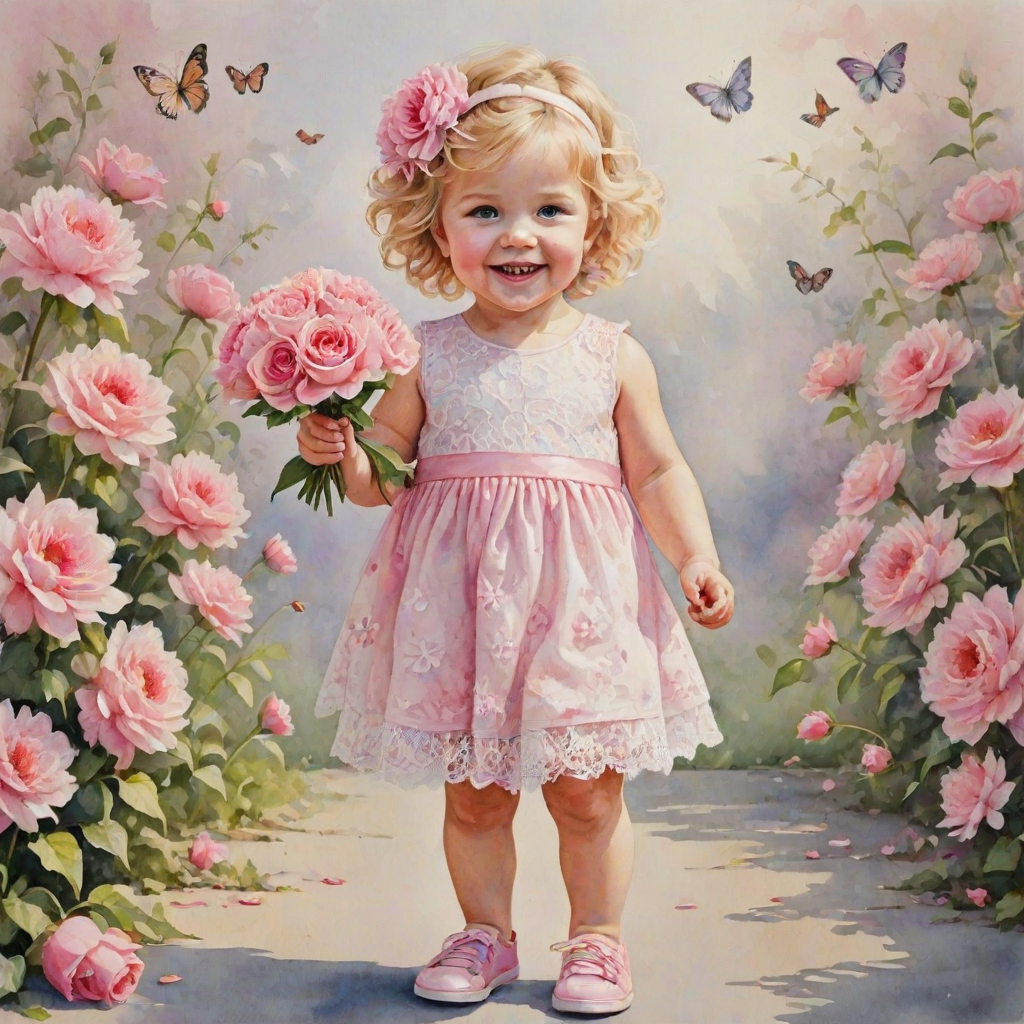 hyperrealism happy smiling toddler girl with messy wavy blonde hair with a headband, she is wearing a pink and white lace dress with pink and white shoes, she is holding a pink bouquet of flowers. Pink flowers and butterflies. summer background. Watercolor Highly detailed