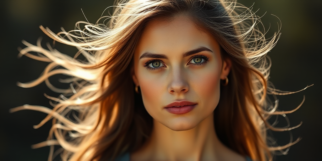 Portrait of a woman with flowing hair and a contemplative expression, soft focus background, sharp detail on the face, natural lighting, ISO 100, f/2.8, 85mm lens, shallow depth of field, taken with a full-frame DSLR camera.