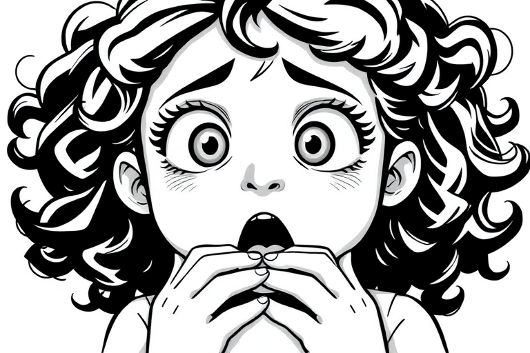 The image is a black and white illustration of a young girl with curly hair. She has a surprised expression on her face with her mouth open and her hands clasped together in front of her chest. Her eyes are wide and her eyebrows are furrowed. Her hair is styled in loose curls that are cascading down her back. The overall mood of the image is one of shock or surprise.