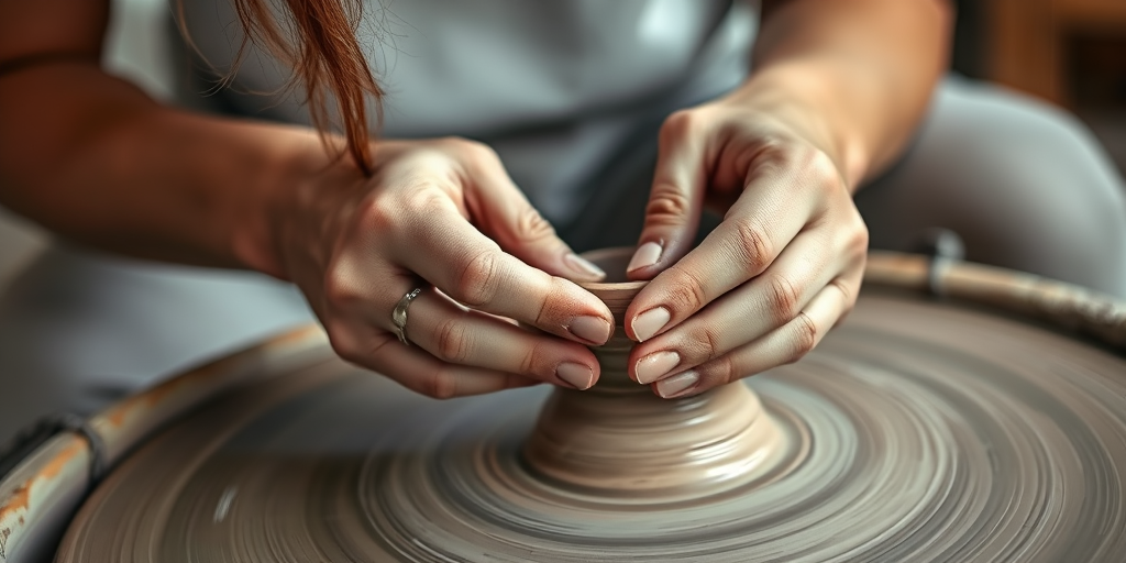 Close-up of a woman’s hands sculpting clay on a pottery wheel, with a focused expression, soft light highlighting the texture of the clay and the artistic process.