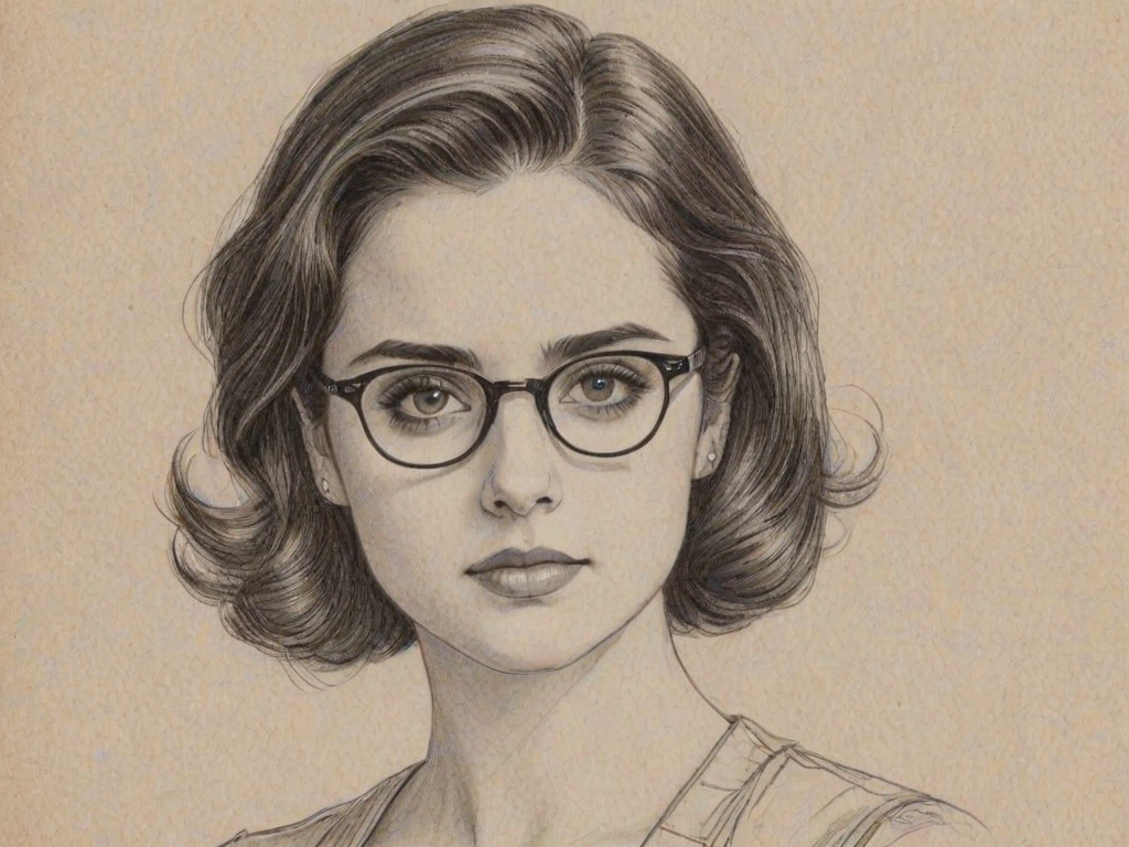 Appealing Vanessa Marano, pencil sketch, portrait of Beauteous woman 1932s in glasses, hair style beatnik, outline, clear lines, fine lines, 8k