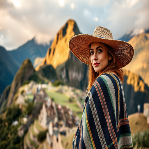Create an image of a woman wearing a stylish poncho and wide-brimmed hat in front of Machu Picchu, using a Canon EOS R5 with a 50mm lens at f/1.8, ISO 100, shutter speed 1/200s, in a vibrant, cinematic style.