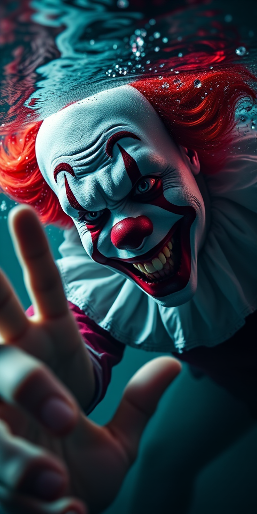 Create a high-resolution image of a sinister clown underwater with a hand reaching out, using a DSLR camera set to ISO 200, aperture f/2.8, shutter speed 1/60s, in a close-up perspective with dramatic lighting and a shallow depth of field.