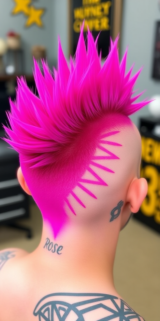 Bold magenta mohawk called "Rebel Rose," stands tall and proud with shaved sides, featuring intricate geometric patterns etched into the buzzed areas, while the vibrant center strip is styled into spiky tufts for a fierce and daring statement