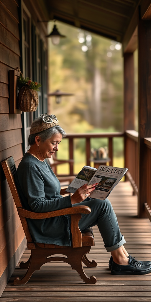 portrait of a person sitting on a wooden porch reading a magazine with a warm and inviting atmosphere using a Nikon D850 with 50mm lens at f/1.8, ISO 200, natural light, soft focus background, shallow depth of field