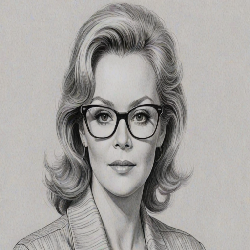 Attractive Jean Smart, pencil sketch, portrait of Exquisite woman 1960s in glasses, hair style beatnik, outline, clear lines, fine lines, 8k