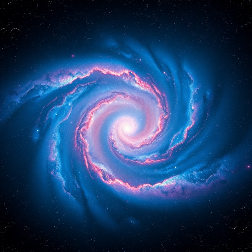create a high-resolution image of a swirling galaxy with vibrant blues and pinks, shot with a Canon EOS R5 at f/2.8, 24mm, ISO 800, using a wide-angle lens, in a deep space environment with a focus on swirling cosmic details and starry background.