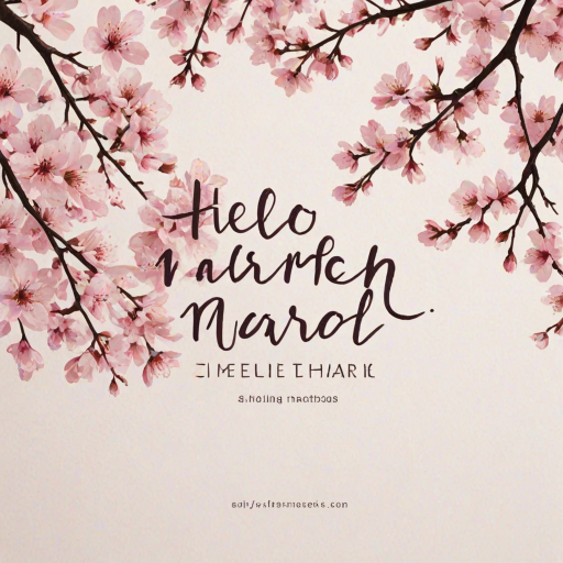 Create a minimalist illustration featuring a pink cherry blossom tree with a white background, accompanied by the text "Hello March" in a stylish font.