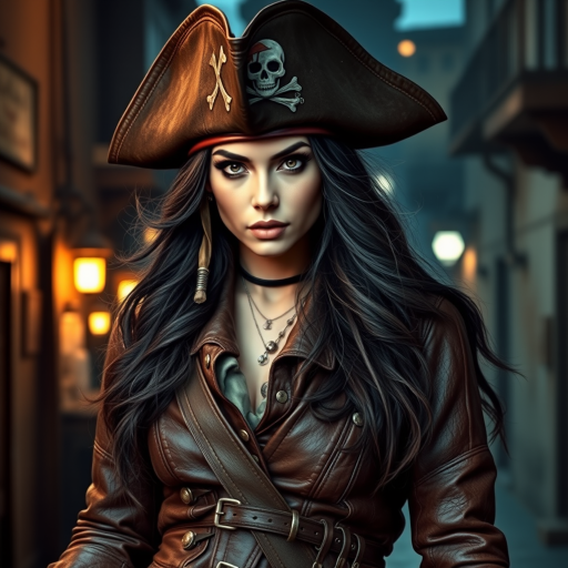 Create a portrait of a fierce female pirate. She wears a leather tricorn hat adorned with a skull and crossbones emblem, and her long, dark hair flows around her face. Her outfit consists of a richly detailed leather jacket, a corset, and multiple layers of belts and accessories, giving her a formidable and stylish appearance. She stands confidently in a dimly lit, historic port town, with a backdrop of weathered buildings and cobblestone streets, capturing the adventurous spirit of a pirate.